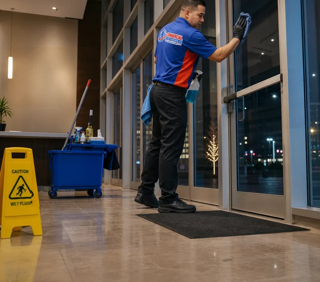 A commercial cleaner working in a customer-facing business interior.