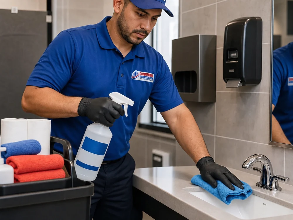 A commercial cleaner preparing a business floor surface.