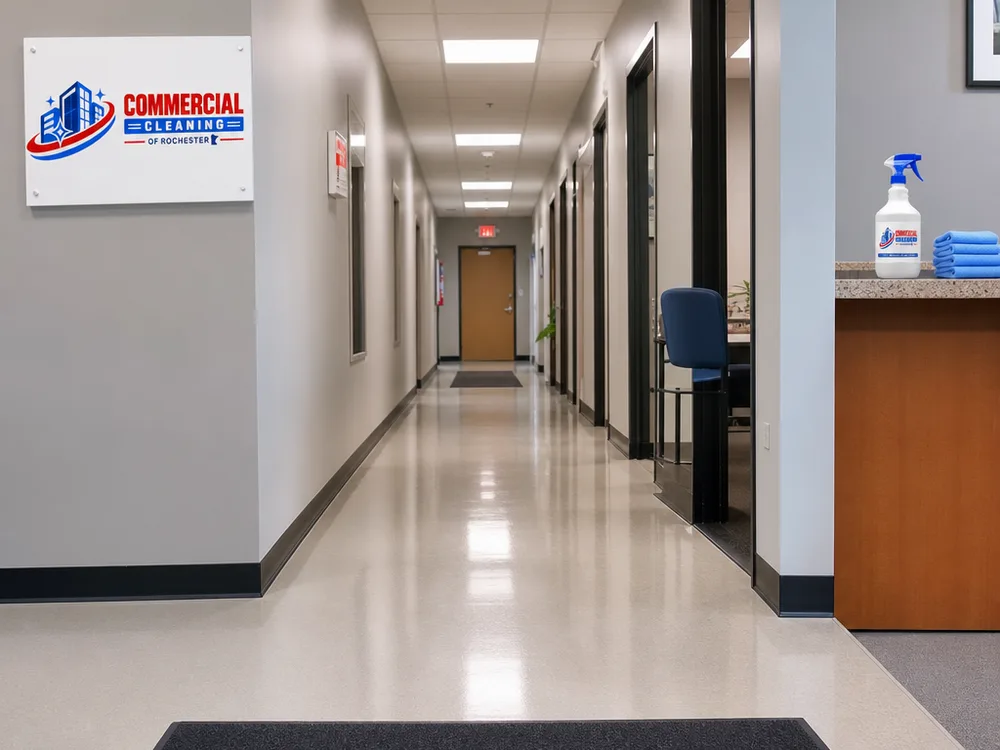 Freshly vacuumed office corridor with clean baseboards and a clear entry mat area