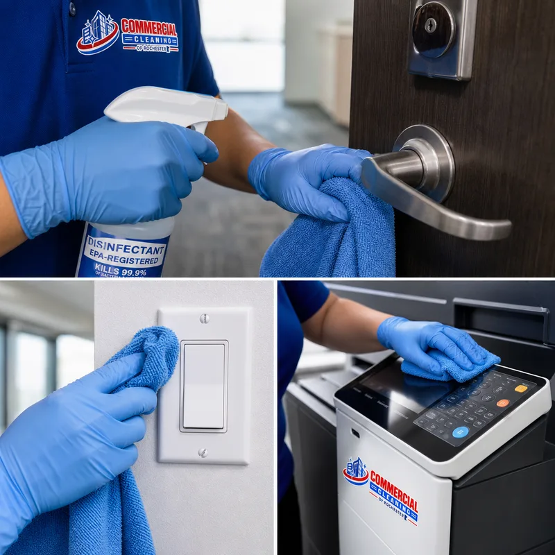 Cleaner using a microfiber cloth and disinfectant on an office door handle, light switch, and shared printer controls