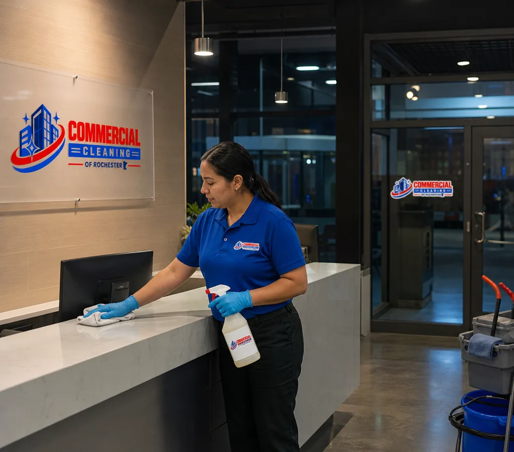 Commercial cleaner disinfecting a reception counter and door handles in a modern Rochester office after hours